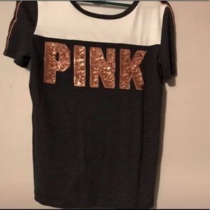 Dark gray and rose gold sequin VS PINK shirt